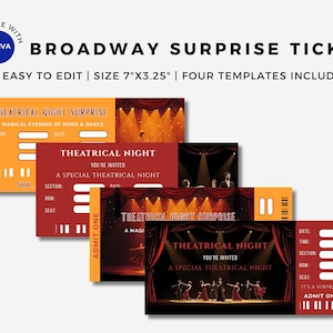Puede incluir: Plantillas de entradas Broadway Surprise en naranja, rojo y negro. Las entradas presentan el texto "Theatrical Night Surprise" y "A Magical Evening of Song & Dance". El tamaño es de 17,78 cm x 8,26 cm.