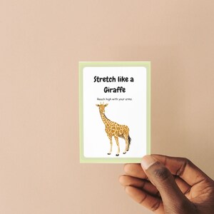 Printable fitness flashcards for kids with vibrant animal-themed movement activities for play and learning.