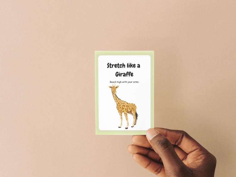 Printable fitness flashcards for kids with vibrant animal-themed movement activities for play and learning.