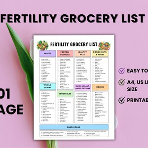Könnte beinhalten: Eine druckbare Einkaufsliste für Fruchtbarkeit mit Kategorien für Obst, Proteinquellen, gesunde Fette, Gewürze, Vollkornprodukte, Gemüse, Milchprodukte und pflanzliche Optionen, Getränke und Snack-Ideen. A4-Größe.