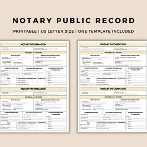 May include: Two printable notary public record forms on a beige background. The forms are labeled "Notary Information" and "Notarial Act Record." The text "Printable | US Letter Size | One Template Included" is at the top.