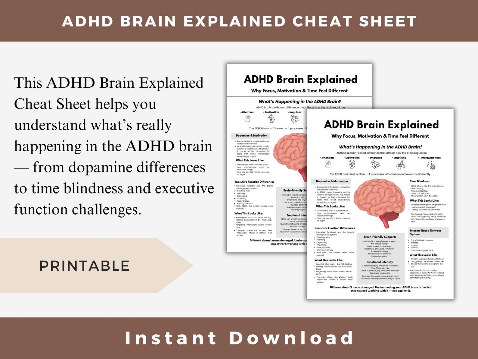 ADHD Brain Explained Cheat Sheet, Neurodiversity Education Printable ...