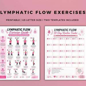 以下が含まれることがあります： ピンクのアクセントが付いた2枚の白い印刷可能なテンプレート。Lymphatic Flow Exercise GuideとLymphatic Flow 30-Day Routine Trackerというタイトルです。ガイドにはイラスト付きの運動手順が記載され、トラッカーには日々の進捗を記録するグリッドが含まれています。