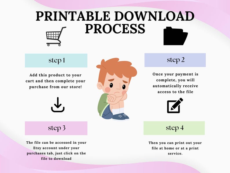 May include: A four-step guide on how to download and print a digital file. The steps are illustrated with icons and text. Step 1: Add to cart. Step 2: Complete payment. Step 3: Access file. Step 4: Print file.