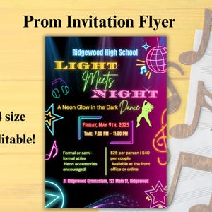 Könnte beinhalten: Ein neonrosa und schwarzer Flyer für einen High-School-Tanz namens "Light Meets Night". Der Flyer zeigt ein Neon-Leucht-im-Dunkeln-Thema mit einer Silhouette einer tanzenden Person. Der Text auf dem Flyer lautet "Ridgewood High School", "Light Meets Night", "A Neon Glow in the Dark Dance", "Freitag, 9. Mai 2025", "Zeit: 19:00 Uhr - 23:00 Uhr", "Formale oder semi-formale Kleidung", "Neon-Accessoires erwünscht!", "25 € pro Person | 40 € pro Paar", "Erhältlich im Büro oder online", "Im Ridgewood Gymnasium, 123 Main St, Ridgewood".