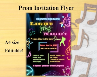 Bearbeitbare Schultanzeinladungsvorlage, heller Neon-Party-Flyer, Glow-Themen-Veranstaltung einladen, buntes High School Tanz-Canva-Design