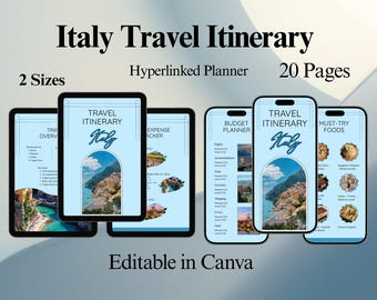 Op de afbeelding: Een digitale planner voor een reis naar Italië met 20 pagina's. De planner bevat secties voor een reisoverzicht, een reisroute, een uitgaven-tracker, een budgetplanner en must-try foods. De planner is bewerkbaar in Canva en is verkrijgbaar in twee formaten.