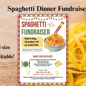 Bearbeitbarer Pasta Night Fundraiser Flyer & Ticket-Vorlage, druckbare Einladung zu einem Abendessen, Charity-Mahlzeit für Schule oder Gemeinschaft Download