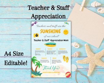 Editable Teacher Appreciation Week Itinerary, Printable Staff Celebration Flyer, Event Schedule Template, Staff Recognition Week Flyer