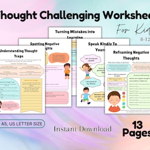 Colorful Thought Challenging Activity worksheets for kids and teens spread out on a table, designed to manage anxiety and improve emotional awareness