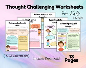Thought Challenging Activity for Kids, Therapy Worksheets, Anxiety Tool, Teens Workbook Therapy, Emotions, games, Feelings, Instant Download