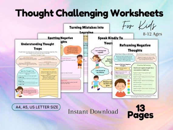 Thought Challenging Activity for Kids, Therapy Worksheets, Anxiety Tool, Teens Workbook Therapy, Emotions, games, Feelings, Instant Download