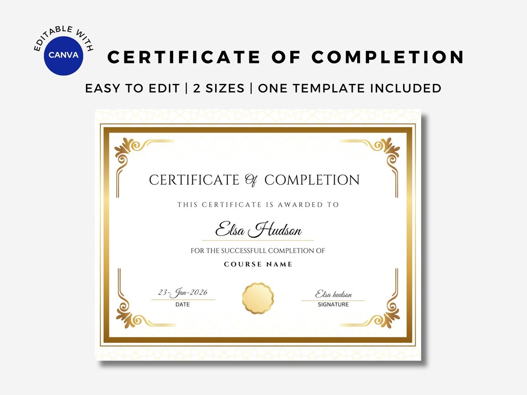 Editable Certificate of Completion Template, Custom Training ...