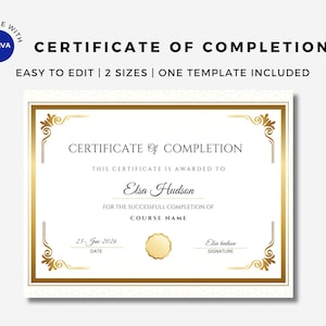 Pode incluir: Um modelo de certificado de conclusão com bordas e detalhes dourados. O texto diz "Certificado de Conclusão" e inclui campos para o nome do destinatário, o nome do curso, a data e a assinatura. O logotipo da Canva está no canto superior esquerdo.