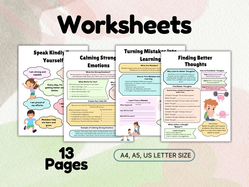 Close-up of a printable therapy worksheet helping kids identify and challenge negative thoughts in a fun and engaging way.