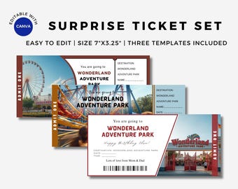 Bearbeitbare Dreamworld Surprise Ticket-Vorlage, druckbares Bordkartengeschenk, Urlaubsreise-Enthüllungsticket 18x3,25 Zoll
