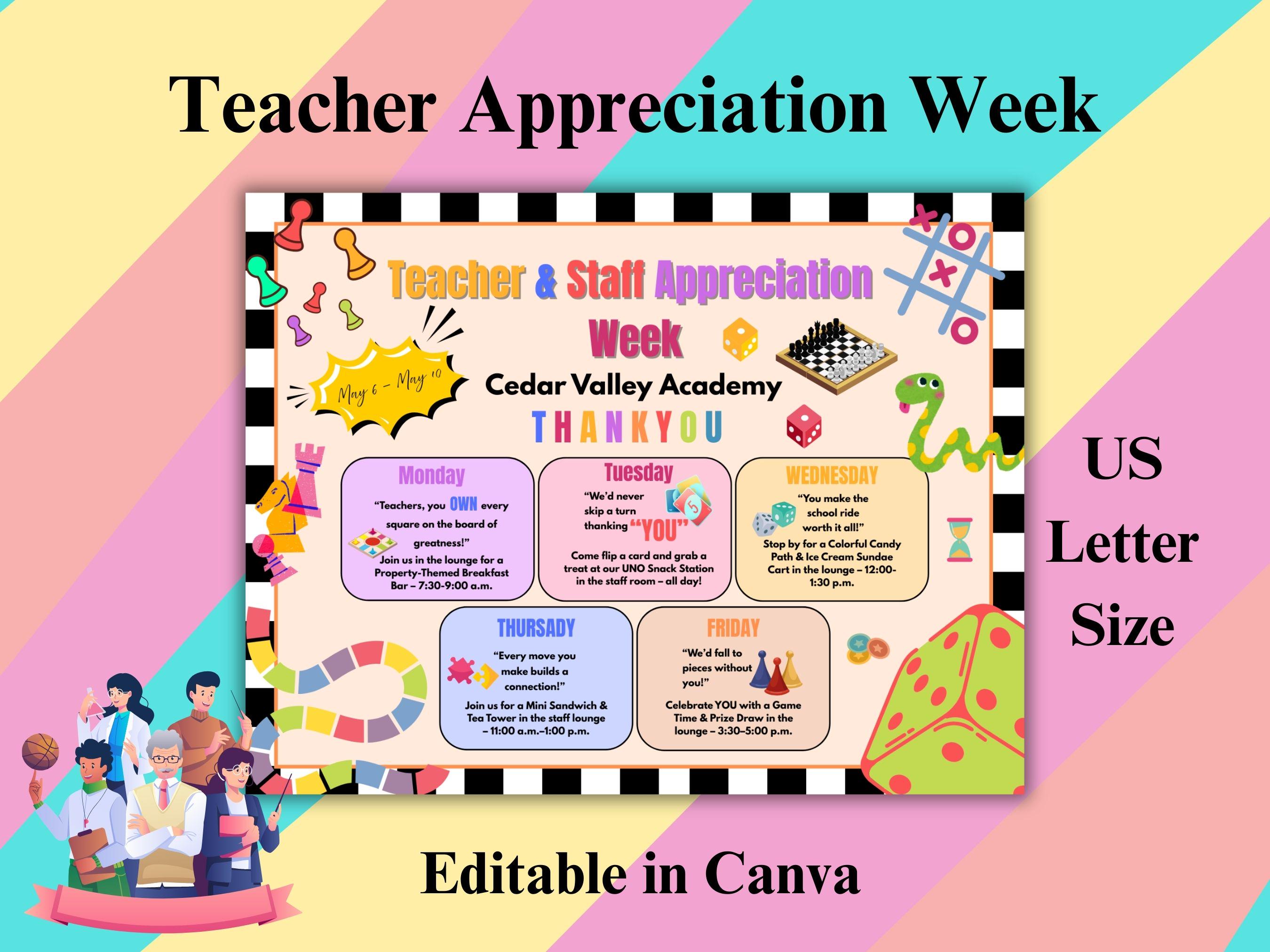 Board Game Style Teacher Appreciation Week | Canva Editable Template | Event Schedule Template | Teacher Appreciation Fun and Games