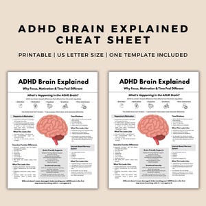 May include: Two printable ADHD cheat sheets with the title "ADHD Brain Explained" and the text "Why Focus, Motivation & Time Feel Different." The sheets include information on ADHD, with a diagram of a brain. The text "PRINTABLE | US LETTER SIZE | ONE TEMPLATE INCLUDED" is at the top.