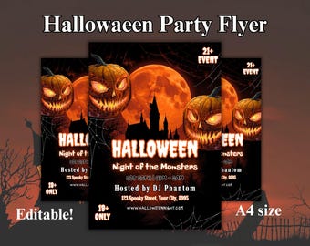 Halloween Party Flyer Vorlage | Gruseliges Kostüm-Party Einladung | Bearbeitbarer Canva Halloween Event Flyer | A4 Druckbar