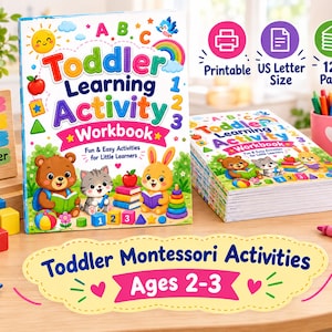 Pode incluir: Um livro de atividades de aprendizagem para crianças pequenas com ilustrações coloridas de um urso, um gatinho e um coelho. A capa exibe o texto Toddler Learning Activity Workbook, Fun & Easy Activities for Little Learners e Toddler Montessori Activities Ages 2-3. Inclui 125 páginas no formato US Letter.