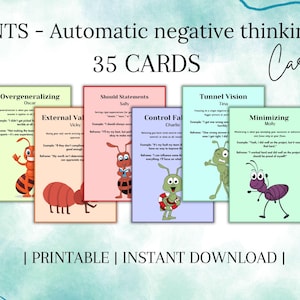 Automatische kaarten met negatieve gedachten voor kinderen, mindset om gedachten te kaderen, cognitieve vervormingen, CGT-kaarten Hulpmiddelen voor schoolbegeleiding, SEL-tool