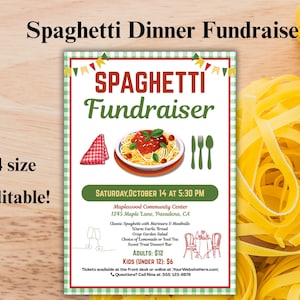 Bearbeitbarer Pasta Night Fundraiser Flyer & Ticket-Vorlage, druckbare Einladung zu einem Abendessen, Charity-Mahlzeit für Schule oder Gemeinschaft Download