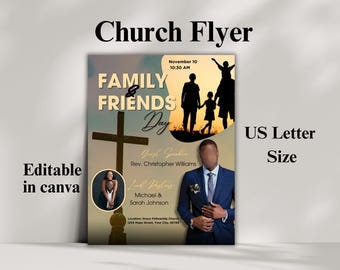 Puede incluir: Un folleto de iglesia con un fondo dorado y marrón. El folleto anuncia un evento "Día de la familia y los amigos" el 10 de noviembre a las 10:30 AM. El folleto incluye los nombres del orador invitado y los pastores principales, así como la ubicación de la iglesia.