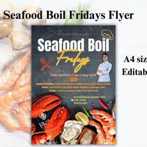 Delicious Seafood Boil Fridays Flyer, Customizable Seafood Ad Design Template for Food Events, DIY Canva Template for Chefs and Food Lovers