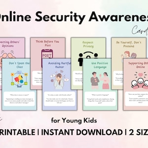 Könnte beinhalten: Ein Satz von 15 druckbaren Karten, die für junge Kinder entwickelt wurden, um sie für Online-Sicherheit zu sensibilisieren. Die Karten zeigen farbenfrohe Illustrationen und Text zu Themen wie Respekt vor den Meinungen anderer, Nachdenken vor dem Posten, Vermeidung von verletzendem Humor und Unterstützung anderer online. Die Karten sind mit "Online-Sicherheitsbewusstsein-Karten" und "15 Karten für junge Kinder" beschriftet.
