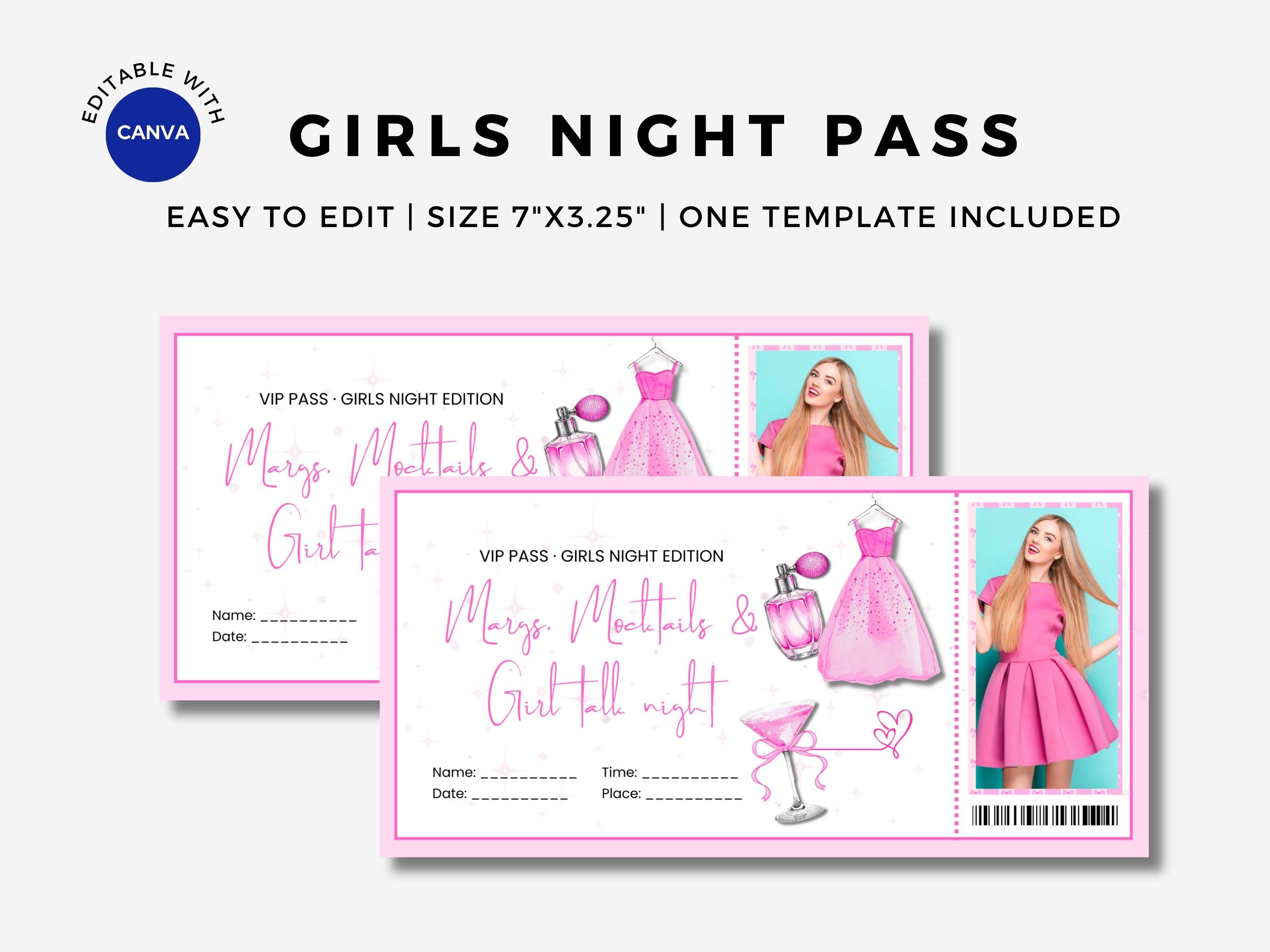 Editable Girls Night Pass Template, Printable Girls Night Ticket ...