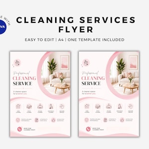May include: A digital flyer template for cleaning services featuring a pink and white color scheme. The design includes the text Cleaning Services Flyer, Professional Cleaning Service, and icons for home, office, kitchen, and move-out cleaning.