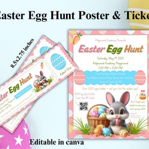 Bearbeitbares Ostereiersuche-Poster- und Ticket-Set, Osterparty, Ostern einladen, glückliche Kaninchen-Ostereisuche-Vorlage, Oster-Flyer zum Ausdrucken