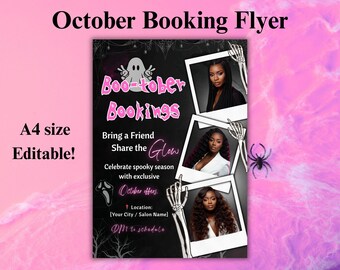 Oktober Bring einen Freund Flyer Vorlage | Bearbeitbares Haar, Nägel, Lash & MUA Promo | Halloween Gruselsaison buchbar Canva Flyer