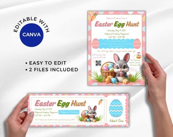 Editable Easter Egg Hunt Poster And Ticket Set, Easter Party, Easter Invite, Happy Rabbit Easter Egg Hunt Template, Easter Flyer Printable