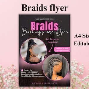 Editable Braids flyer, Braids booking Flyer Template, Knotless Braids Specials, Hair Stylist Booking Canva Template, Hair Flyer, Braid Flyer