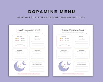 Dopamine Menu Printable | ADHD Friendly Low Energy Day Planner | Mental Health Mood Booster US Letter