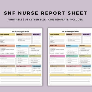 May include: Two printable SNF Nurse Report Sheets on a lavender background. The sheets are US Letter size and include one template. The top of the image reads "SNF NURSE REPORT SHEET" in black text.