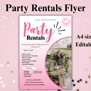 Modelo de folheto editável para aluguel de equipamentos para eventos, design de folhetos para materiais de festa "faça você mesmo", anúncio para aluguel de decoração e planejamento de festas para impressão