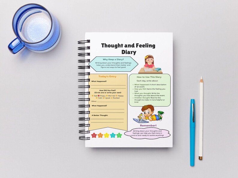 Flat lay of a workbook for kids and teens, highlighting fun and educational activities to explore and manage emotions.