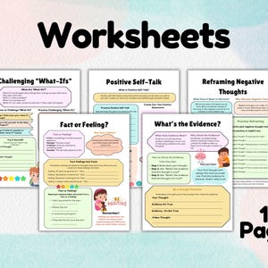 Set of 13 therapy worksheets displayed on a desk, perfect for teaching emotional regulation and positive thinking to children aged 8-12
