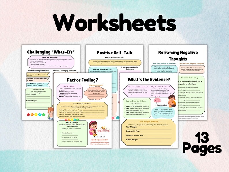 Set of 13 therapy worksheets displayed on a desk, perfect for teaching emotional regulation and positive thinking to children aged 8-12
