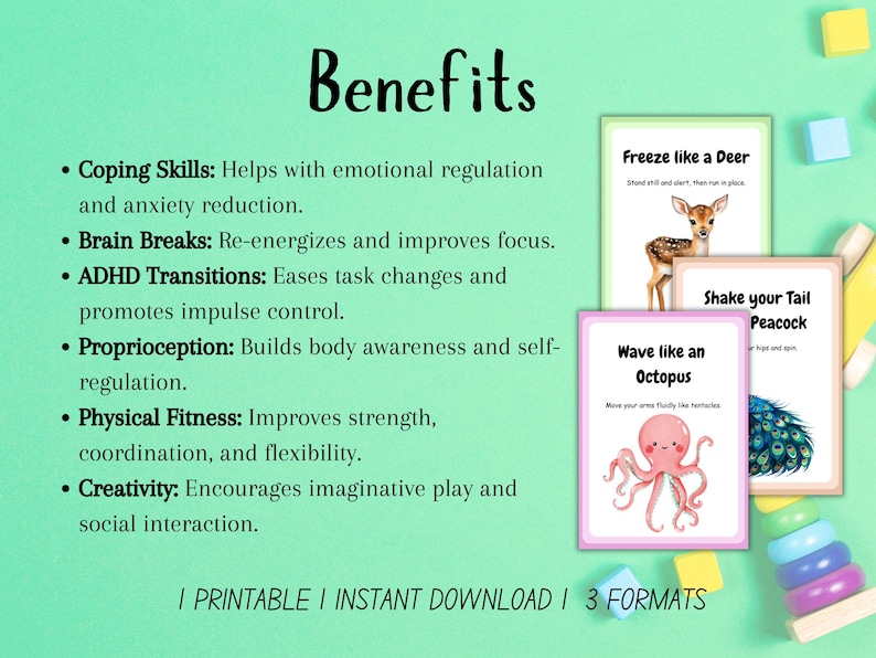 Action-packed flashcards for kids, featuring animal movements like hopping, crawling, and stomping.