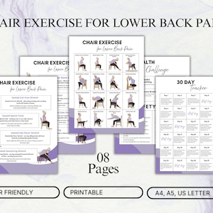May include: A collection of printable exercise guides for chair exercises designed to alleviate lower back pain. The guides include illustrations of various exercises, a 30-day tracker, and are labeled as user-friendly and printable.