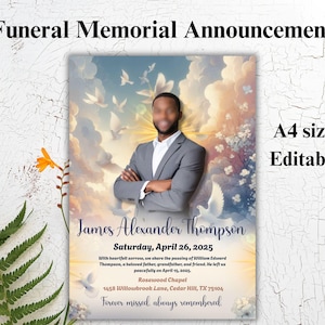 Plantilla de anuncio de servicio conmemorativo / Volante de anuncio de funeral conmemorativo / Invitación de obituario editable / Diseño digital de recuerdo