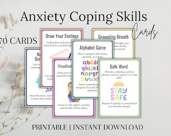 Anxiety Coping Skills Flashcards Printable, Therapy Tools And Strategies for Anxiety Relief, Psychology Resource and Office Decor
