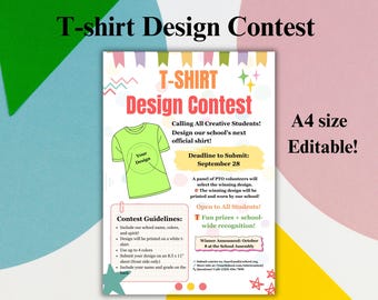 Bearbeitbare Shirt Design Contest Flyer Vorlage, druckbares Kleidungsverkaufs-Event-Plakat, DIY Bekleidungs-Fundraiser-Flyer für Schule oder Community