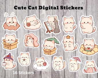 Cute Cat Digital Stickers | Kawaii Planner Stickers | Adorable Daily Sticker Pack | Digital Journal PNG Sheet