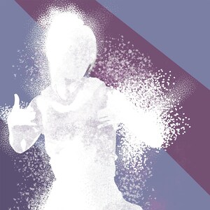 Può includere: Una silhouette bianca di una persona che fa skateboard, con un gesto di pollice in su, su uno sfondo viola e bordeaux. La persona si dissolve in un motivo bianco macchiato.