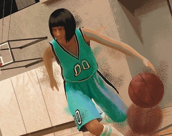 Basketball Wall Art – Female Athlete Poster – Teen Girl Bedroom Decor – Action Energetic Print – Unframed Sports Artwork – v09