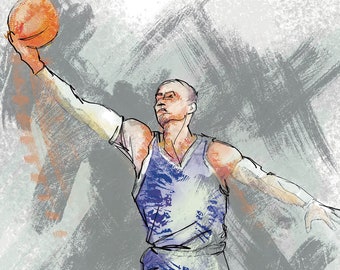 Plakat z motywem koszykówki – Plakat z męskim sportowcem – Dekoracja do pokoju nastolatka – Energetyczny wydruk – Nieoprawione dzieło sztuki sportowej – v05
